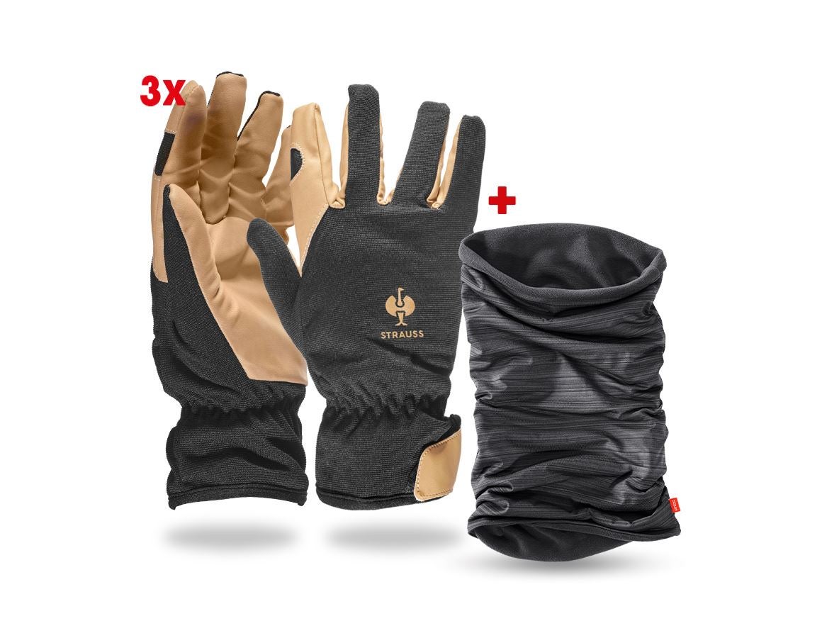 Arbeitsschutz: 3x Montage-Winterhandschuhe + Multifunktionstuch + schwarz/braun