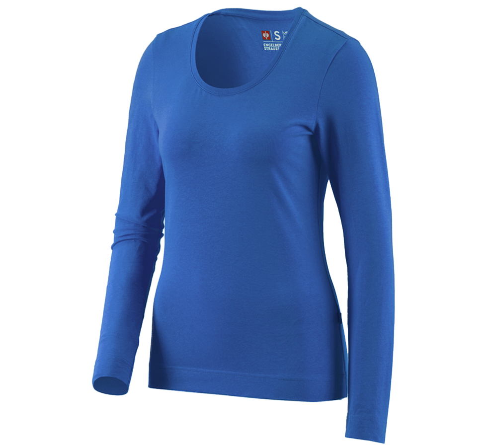 Maglie | Pullover | Bluse: e.s. longsleeve cotton stretch, donna + blu genziana
