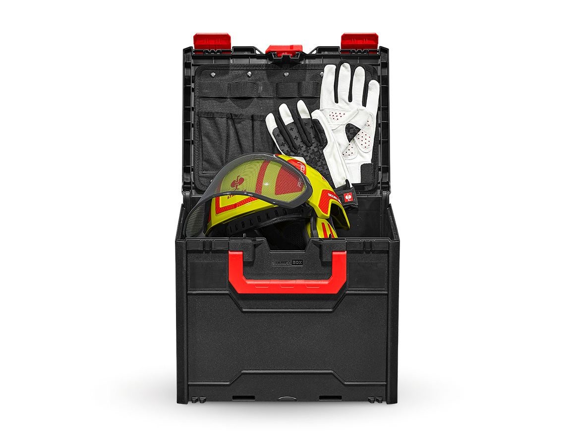 Sicurezza sul lavoro: e.s. elmetto forestale Protos +STRAUSSbox 340 midi + giallo fluo/rosso fuoco