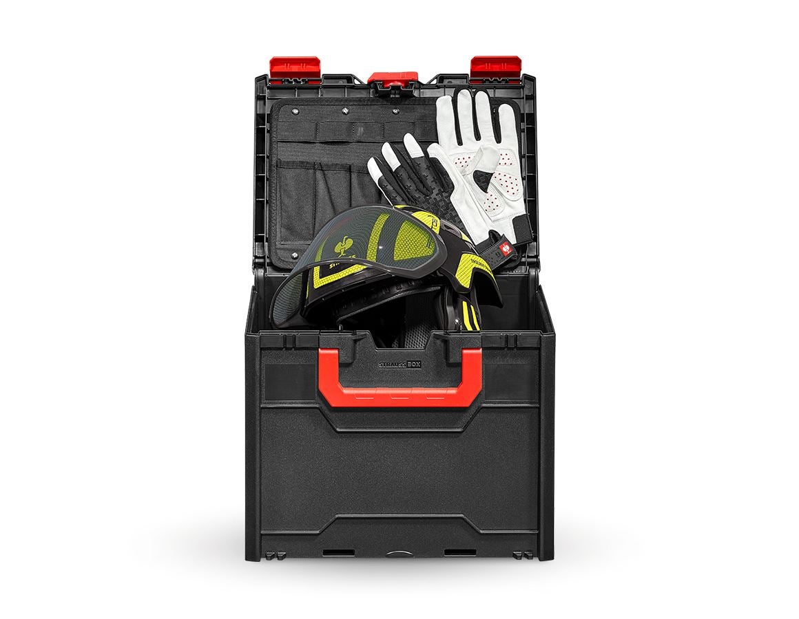 Sicurezza sul lavoro: e.s. elmetto forestale Protos +STRAUSSbox 340 midi + nero/giallo fluo