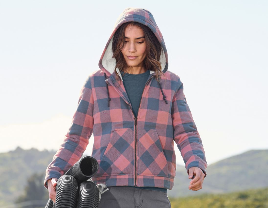 Jacken: Karo-Kapuzenjacke e.s.iconic, Damen + quarzrosa/oxidblau