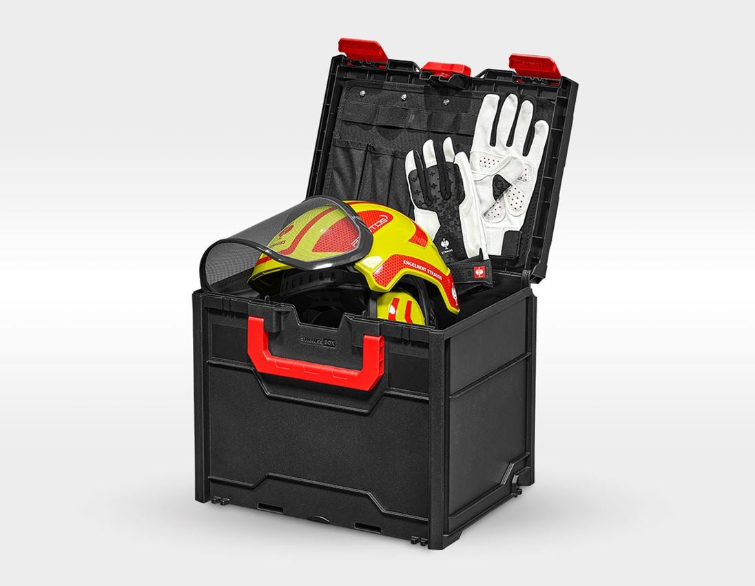 Sicurezza sul lavoro: e.s. elmetto forestale Protos +STRAUSSbox 340 midi + giallo fluo/rosso fuoco 4