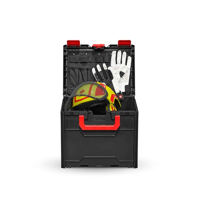 Sicurezza sul lavoro: e.s. elmetto forestale Protos +STRAUSSbox 340 midi + giallo fluo/rosso fuoco